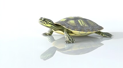 Stylized Green Turtle with Reflected Shadow on a White Surface in a Calm Environment