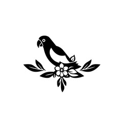 Minimalist Silhouette of a Bird Perched on a Branch with a Flower and Leaves, Black and White.