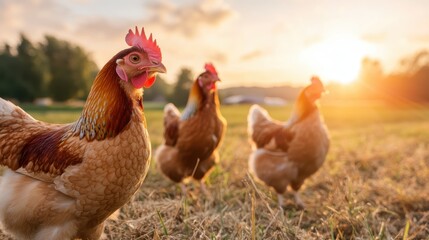 This delightful scene portrays a group of chickens gracefully roaming a sunlit field at sunset, evoking a sense of tranquility and rural charm in their natural habitat.
