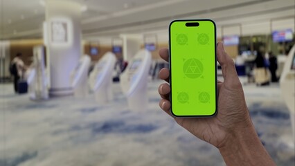 GREEN SCREEN CHROMA KEY Person holding a smartphone in an airport terminal with self-service kiosks in a bright, modern environment