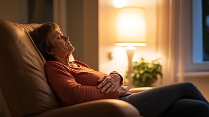 Stomach pain felt by a senior woman resting on a recliner, clutching her stomach. Featuring discomfort and healing