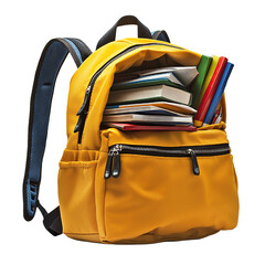 transparent Isolated Yellow backpack filled with school supplies png illustration