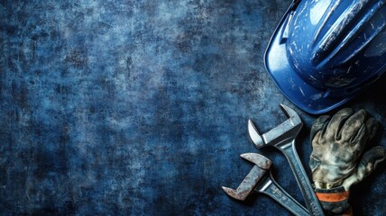Industrial tools and safety gear on dark steel blue background with space for text. Generative AI