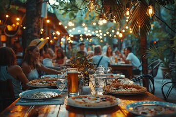 A family gathers around a wooden table filled with various pizzas and drinks, sharing laughter and smiles in a cozy restaurant setting. The warm ambiance enhances their joyful time together
