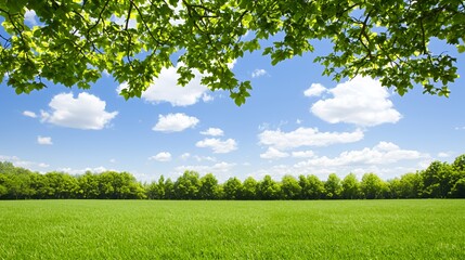 Obraz premium Bright Sunny Day Landscape: Lush Green Field Under Blue Sky with Fluffy Clouds and Overhanging Tree Branches