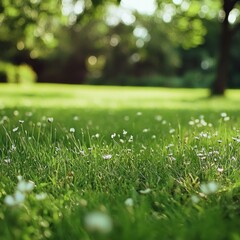 Naklejka premium Sunny park grass with wildflowers