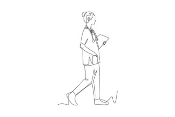 The doctor walks towards the clinic. Walking into the clinic concept one-line drawing