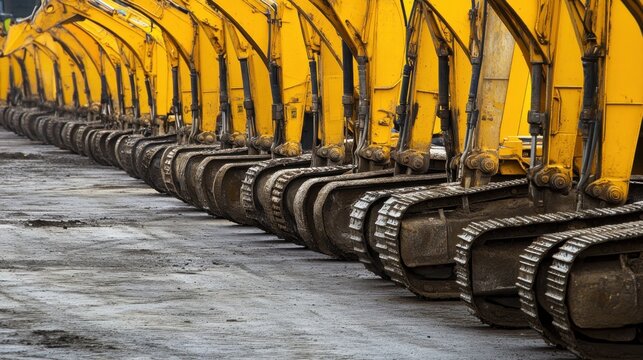 A row of bright yellow construction excavators parked on-site