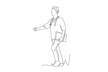 The doctor walks towards the clinic. Walking into the clinic concept one-line drawing