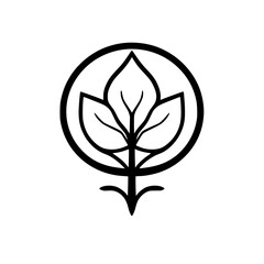 Minimalist Leafy Branch in a Circle: Black and White, Simple Design.