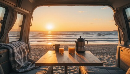 Savoring a tranquil morning at the beach with freshly brewed coffee and orange juice served on a wooden table. The sun rises beautifully, painting the sky in warm hues