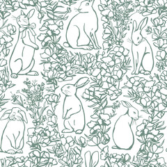 Hand drawn different rabbits and flowers seamless pattern