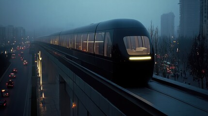 Naklejka premium A sleek monorail train traveling above the streets of a futuristic city