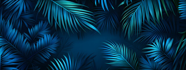 abstract illustration of palm leaves in neon blue, purple and pink on dark background, vector art
