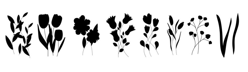 Flower silhouette with branch and leaf vector. Spring floral icon in simple style. Nature stem symbol with plant. Black and white foliage graphic. Flat drawing art for rustic summer decoration © Mariia