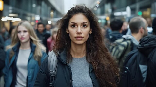 A stylish young woman looks into the camera as she walks through the city streets, displaying a modern fashion sense.