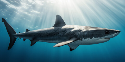 Fototapeta premium Sleek shark gliding effortlessly through clear blue waters, illuminated by radiant sunlight from above