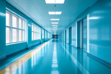 A Long Hospital Hallway Bathed in Bright Turquoise Light