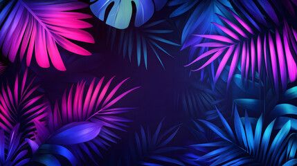abstract illustration of palm leaves in neon blue, purple and pink on dark background, vector art
