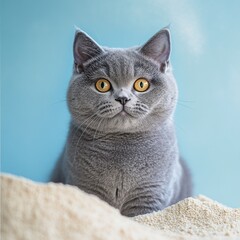 Grey cat sits in cat litter