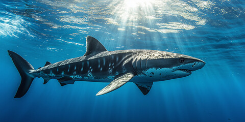 Naklejka premium Majestic shark swimming gracefully in clear blue waters illuminated by sunlight rays from above