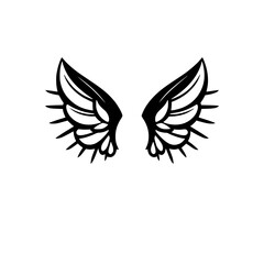 Black wing-shaped vector illustration, angelic abstract design, symmetrical, with detailed ornate feather pattern on a white background.
