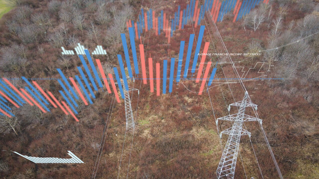 Digital overlay of graphs and analytics over an electrical pylon distribution system. Energy flow, grid monitoring and power management concept - Powered by Adobe