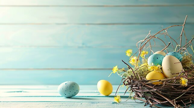 easter eggs in a nest,This charming arrangement embodies the festive spirit of Easter and the beauty of spring.