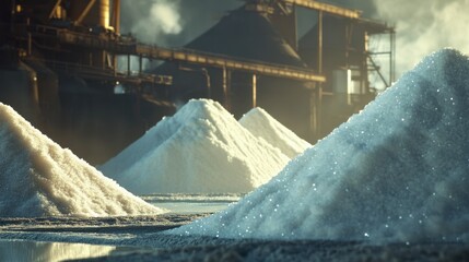 A sugar refinery factory with huge piles of processed sugar crystals
