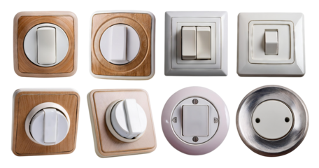 Various Decorative Light Switches and Dimmer Controls Arrangement, isolated on transparent background