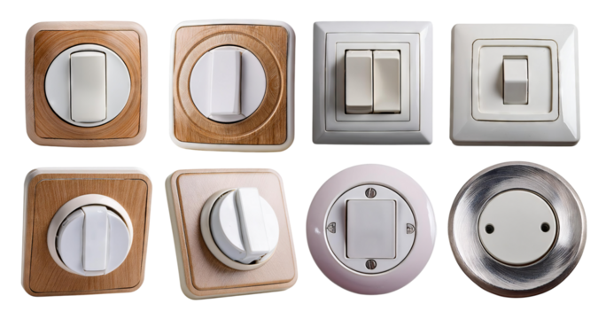 Various Decorative Light Switches and Dimmer Controls Arrangement, isolated on transparent background