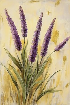 Purple Lavender Flowers, Abstract Impressionist Floral Painting, Whimsical Leaves Design