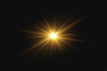 Golden flare and star flash, rays and lens effect.