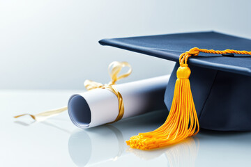 A polished graduation cap and diploma lie elegantly on a white reflective surface. This professional studio shot captures the essence of academic achievement and celebration.