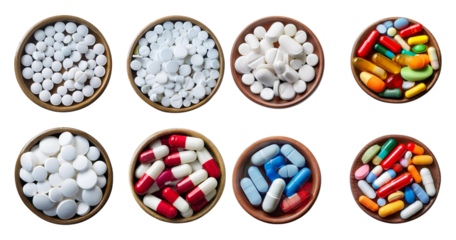 Assortment of Various Pills and Tablets in Round Containers, isolated on transparent background