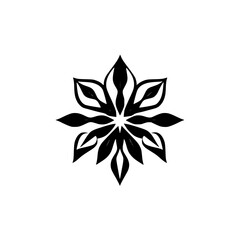 Black and white symmetrical floral design with eight petals in the center of white background.