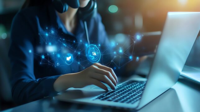 Technical support customer service concept software engineer using laptop computer with customer support and global network