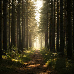 Obraz premium footpath in the forest. Path Through Majestic Pine Woodland. Towering Evergreens and the Scent of Pine Needles in a Serene Backdrop.