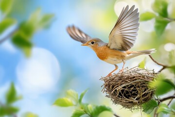 A fledgling bird dares to leap from its nest, spreading fragile wings in determination. Nestled among branches, this young avian captures a moment of courage and new beginnings.