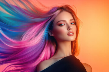 Fototapeta premium A woman with long, multicolored hair captivates with vibrant neon pink, electric blue, and fiery orange shades. Her elegant style and striking appearance highlight fashion and modern beauty.