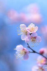 Delicate Cherry Blossom Petals Bathed in Soft Morning Light Against a Dreamy Blue Background

