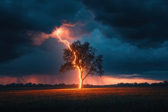 Lone tree struck by lightning in a dramatic storm