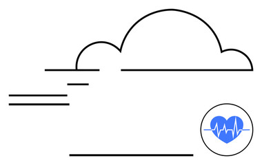 Cloud outline with motion lines and heart with ECG in a circle symbolizing health monitoring, data storage, and connectivity. Ideal for healthcare tech, telemedicine, cloud storage, digital wellness