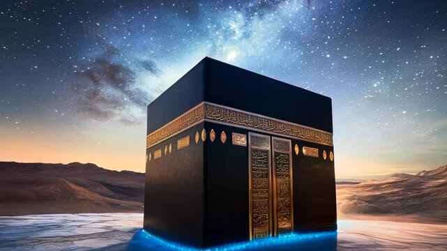 The Kaaba in Mecca Illuminated Under a Starry Night Sky, Symbolizing Peace and Spirituality