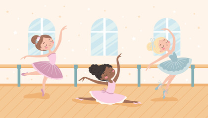 Cute little ballerinas in ballet class. Ballet school. Vector illustration © Jevgeniya Mukhitova