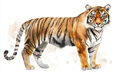 Obraz premium Watercolor tiger illustration with detailed stripes and vibrant colors, showcasing majestic animal in full body shot against simple white background