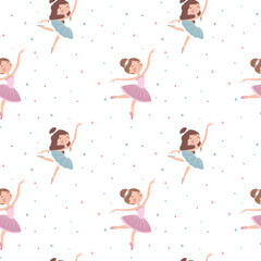 Seamless vector pattern in children's style. Cute ballerina and stars on white background. Vector illustration. © Jevgeniya Mukhitova