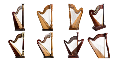 Collection of Various Harp Designs in Unique Wooden Finishes, isolated on transparent background