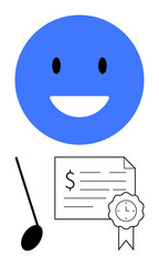Blue smily face above a dollar certificate beside approval badge and magnifying glass. Ideal for concepts thumbs up happiness, satisfaction, achievement, certification, success, recognition, finance