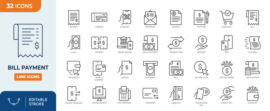 Bill Payment icon set. Containing finance related icons: bill, receipt, invoice, document, atm, cash, and other. Outline Icon Collection. Vector illustration. Editable stroke